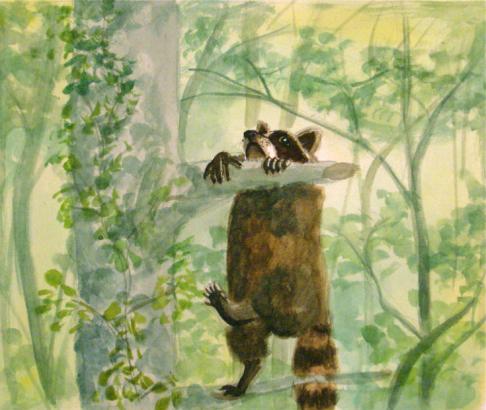 artwork of raccoon hanging on tree branch