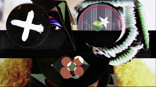 artwork of person with different shapes covering their eyes and mouth