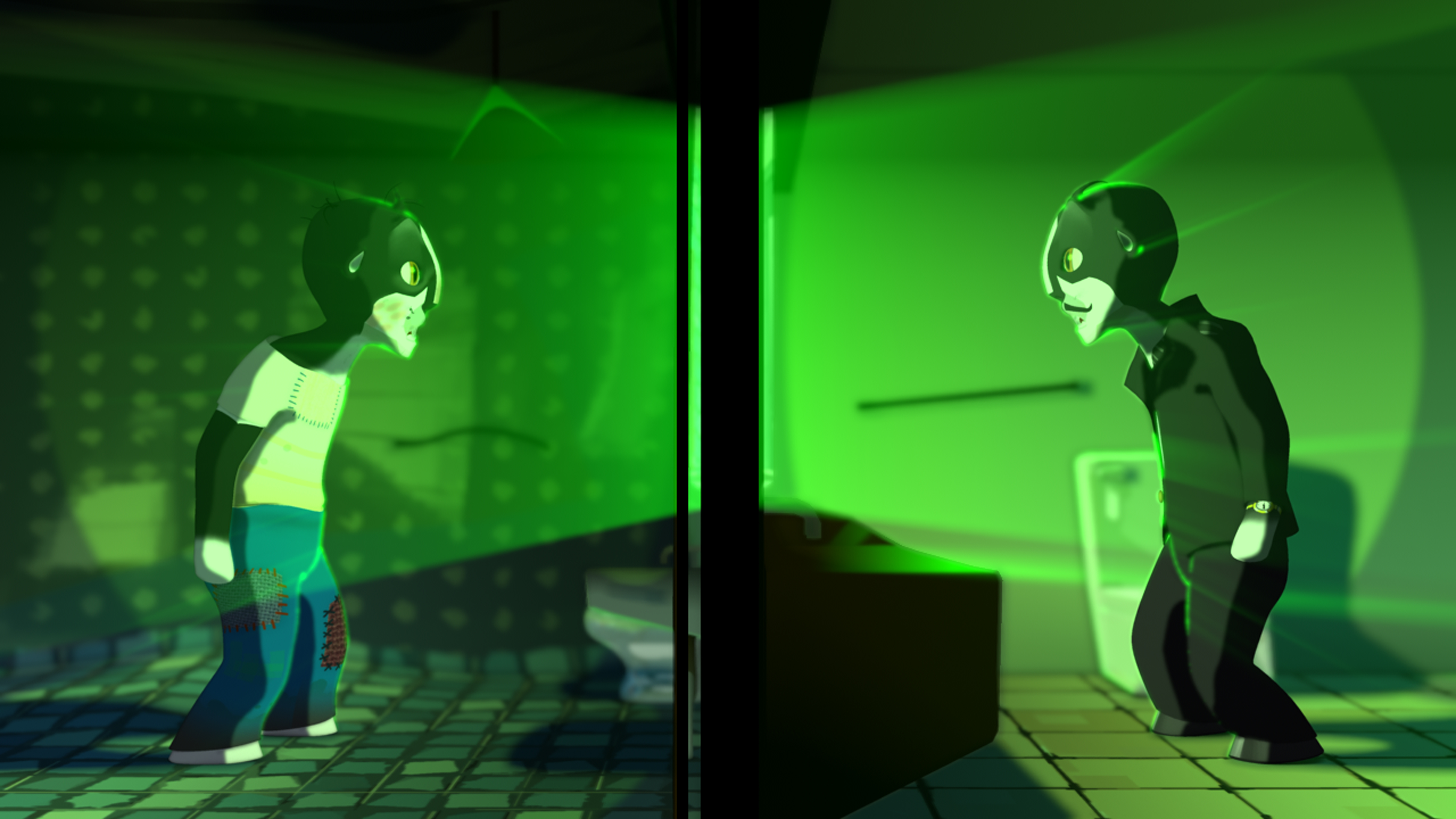 Animation of two men staring at each other in a green glow