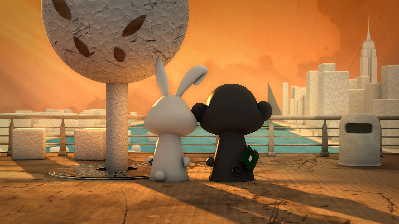 animation of a white bunny and a black money looking at sunset