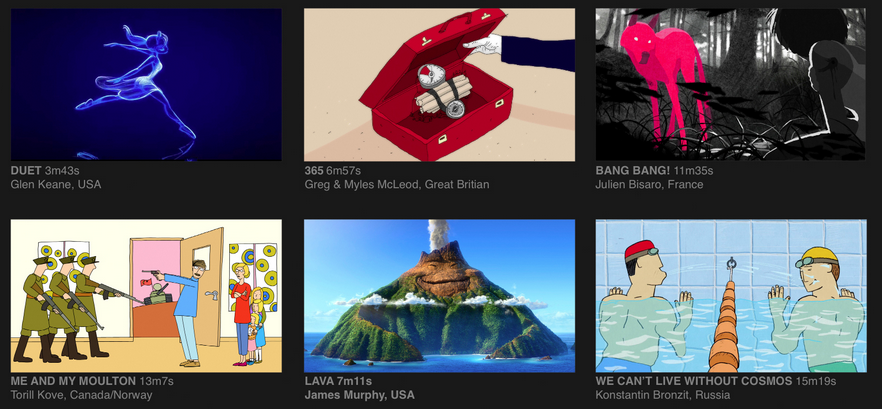 6 photos of different animation stills from movies