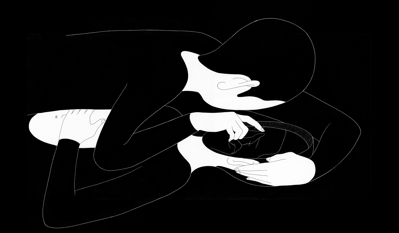 Artwork: black and white, a person looking down in a mirror