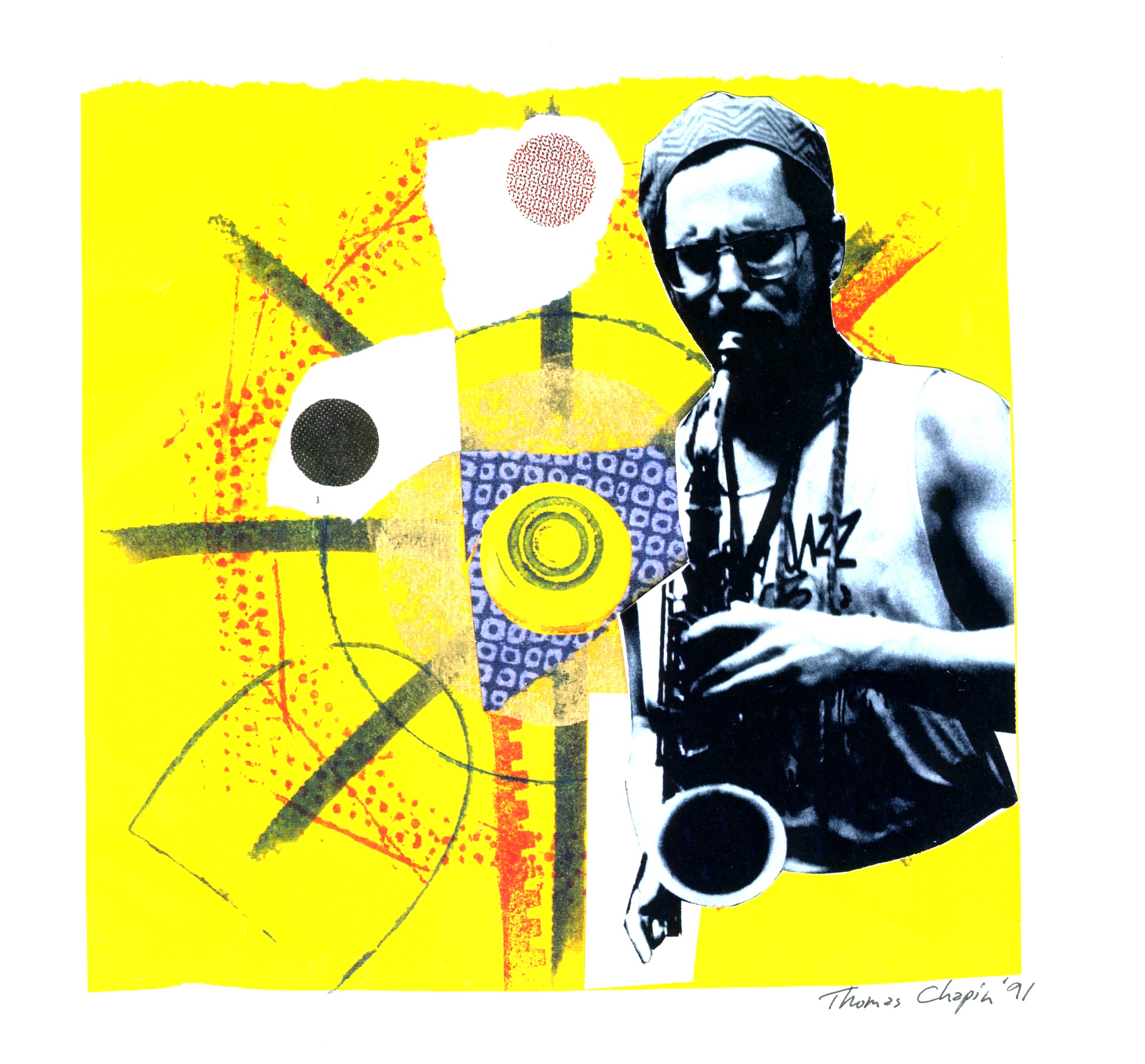 Collage image of Thomas Chapin playing the saxophone