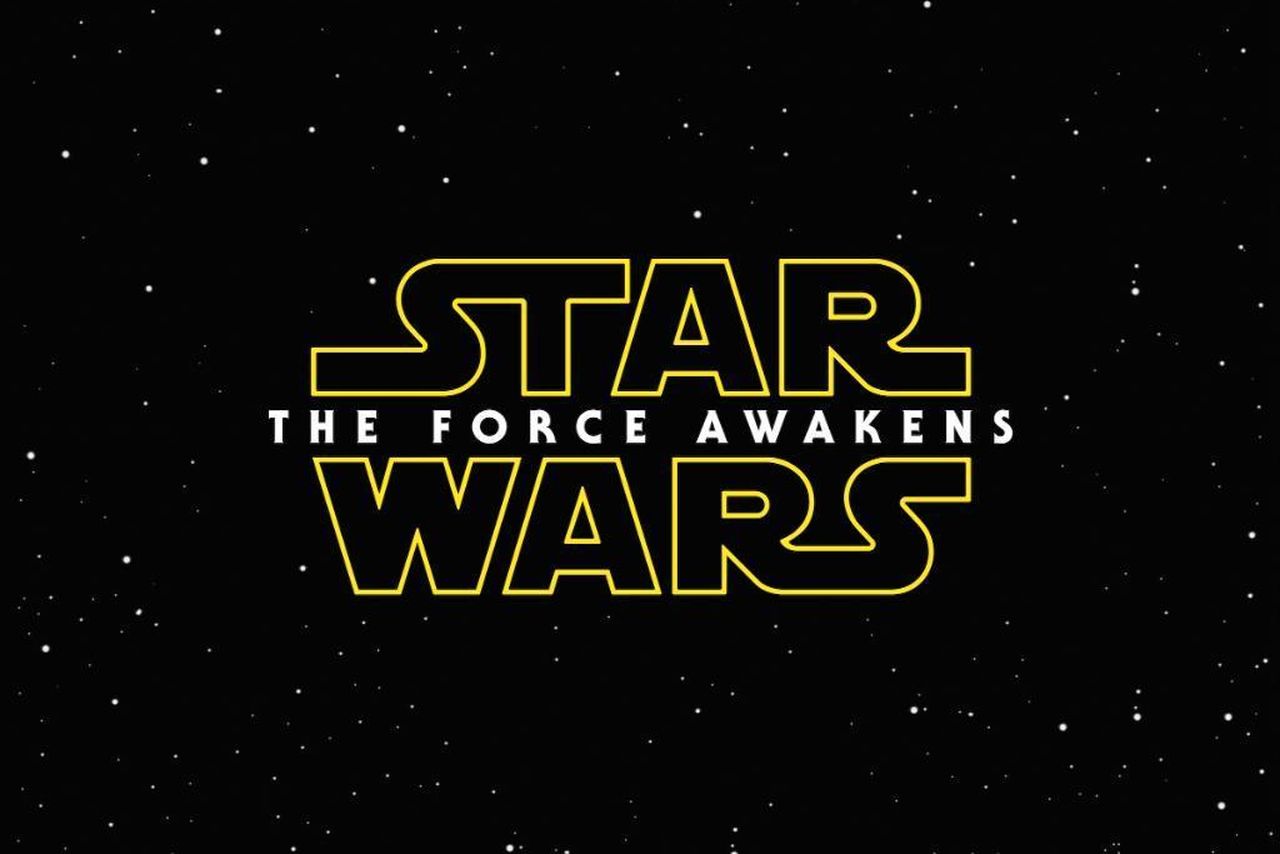 Film poster for "Star Wars - The Force Awakens" with Harrison Ford, Mark Hamill, and Carrie Fisher