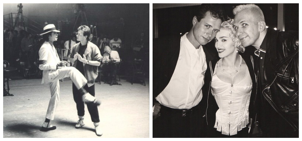 Two black and white image of Vincent Paterson, Michael Jackson, and Madonna