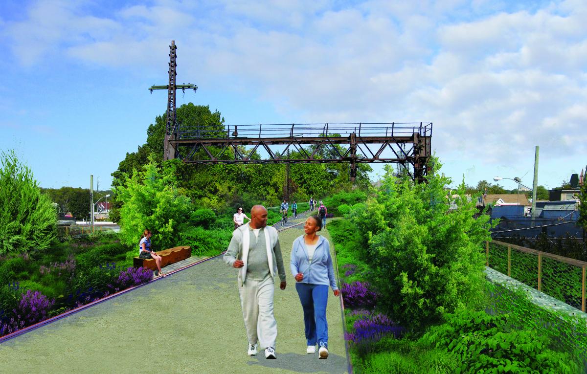 Image of two happy people walking on an elevated walkway