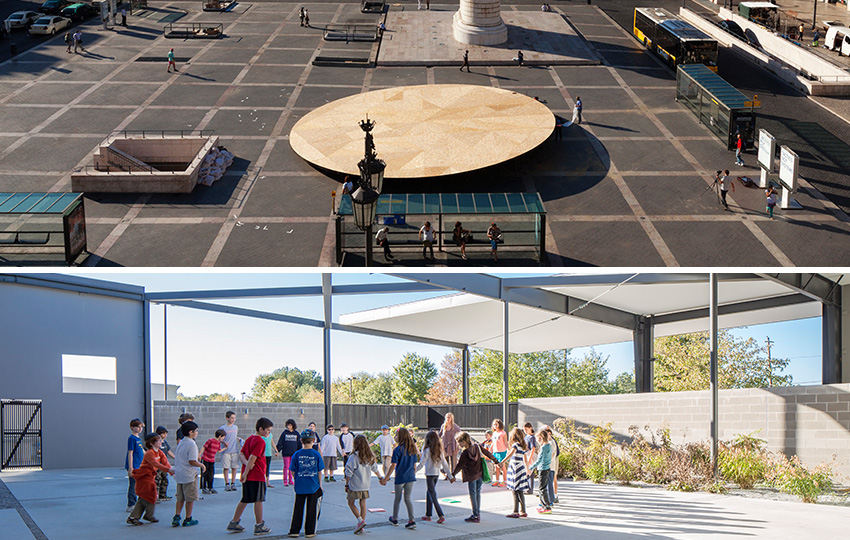 One image of the Civic State in Lisbon, Portugal and another image of children playing outdoors