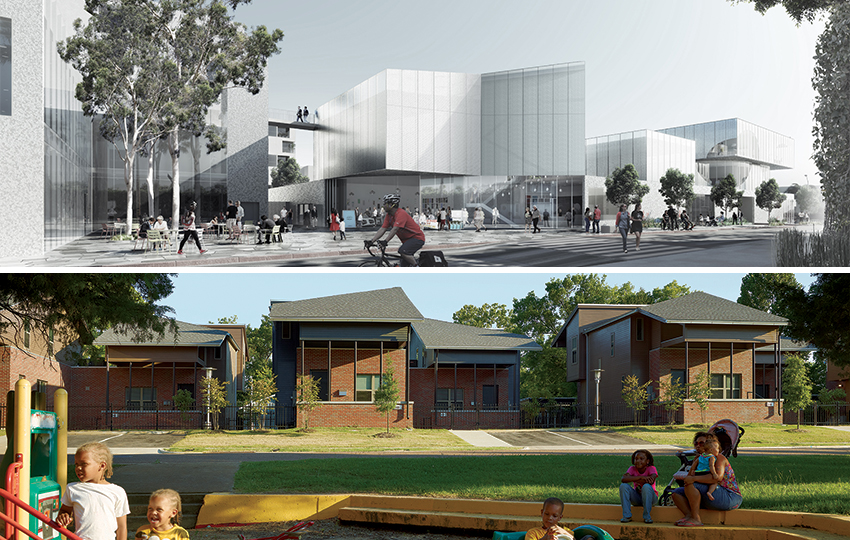 One image of the Anita May Rosenstein Campus and another image of a midtown affordable house