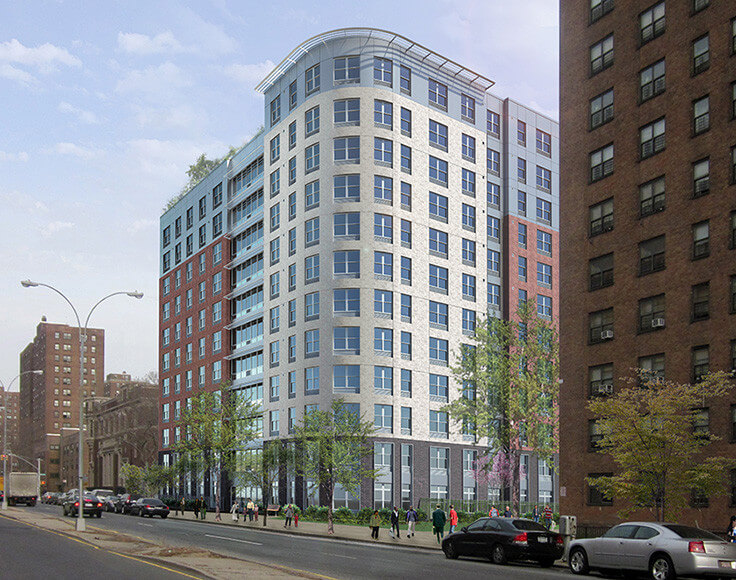 Image of multiple buildings, cars, and people walking