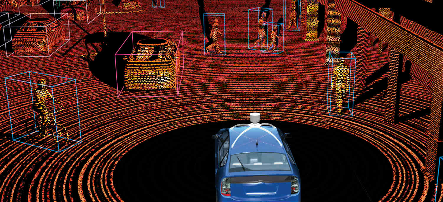 Static image of cars and people walking