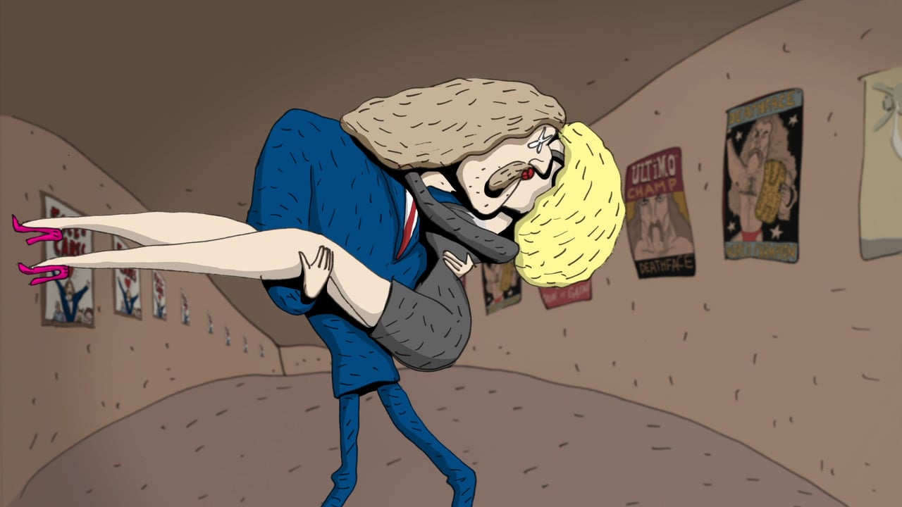 Animated still from Revengeance. A man cradles a woman in his arms and kisses her.
