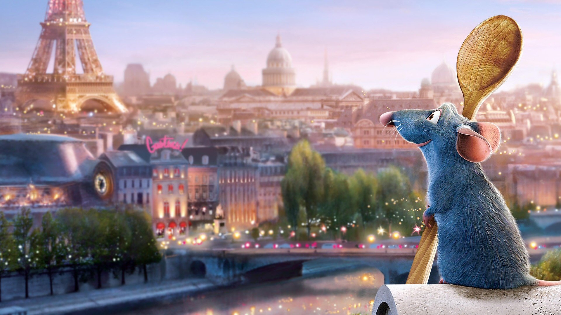 Film still from Ratatouille. Remy looks out onto Paris and holds a wooden spoon.