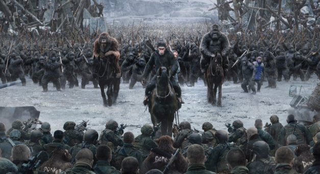 Film still from Planet of the Apes. Three leader apes are on horseback amongst hundreds of ape soldiers.