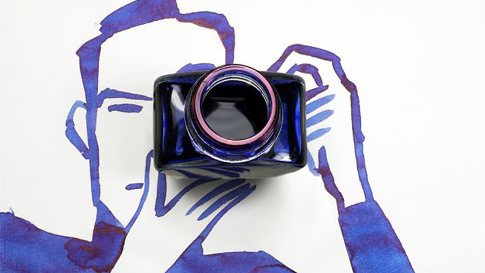 Chris Niemann illustration of a man holding what looks to be a camera, but is actually an inkwell. The man is drawn in blue ink.