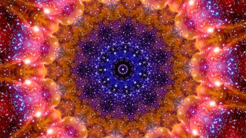 Kaleidoscopic image, with blue, red, and gold