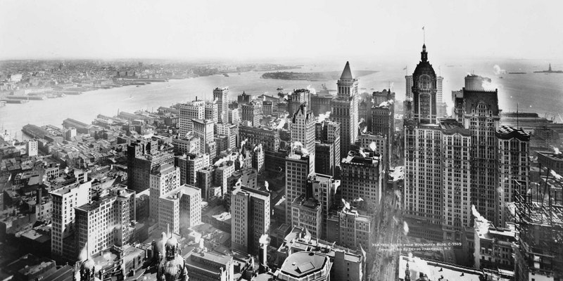 Aerial shot of a city in the 1920's