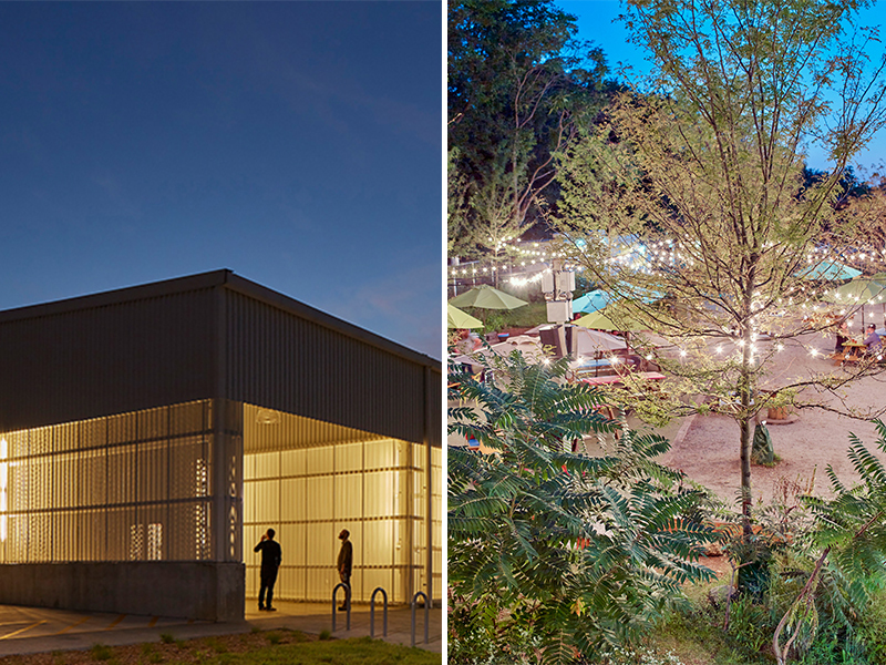 At left, an evening view of a building lit from inside. Two men stand near the indoor/outdoor access point. At right, a restaurant patio lit with string lights.