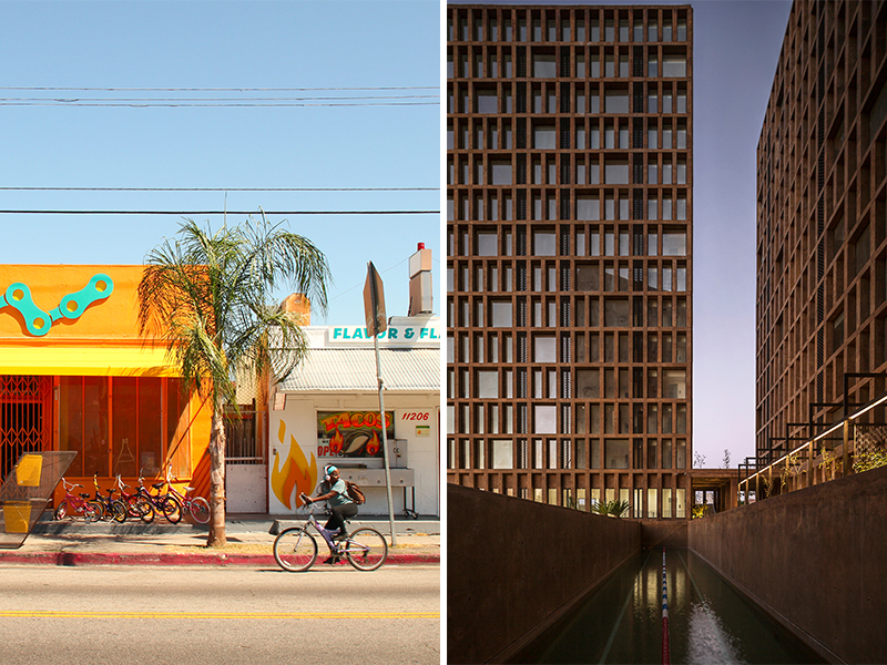 Two images of Los Angeles. One, a street with colorful restaurants, a palm tree, and a man on a bike. The other, a reservoir beneath two high rises in downtown.