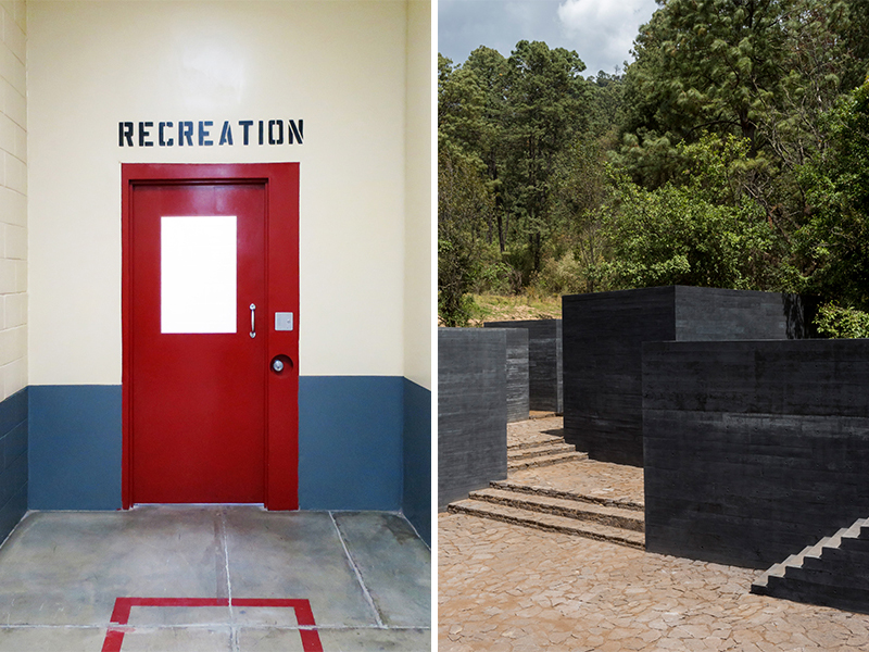 At left, a red door that says "Recreation" above it. At right, a park with a black walled maze.