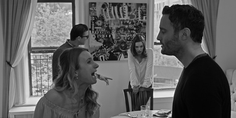 Black and white still from the film "Fourplay". Two male/female couples argue.