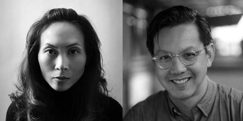 Two black and white headshots. On left, a young Asian woman. On right, a middle aged Asian man in glasses.