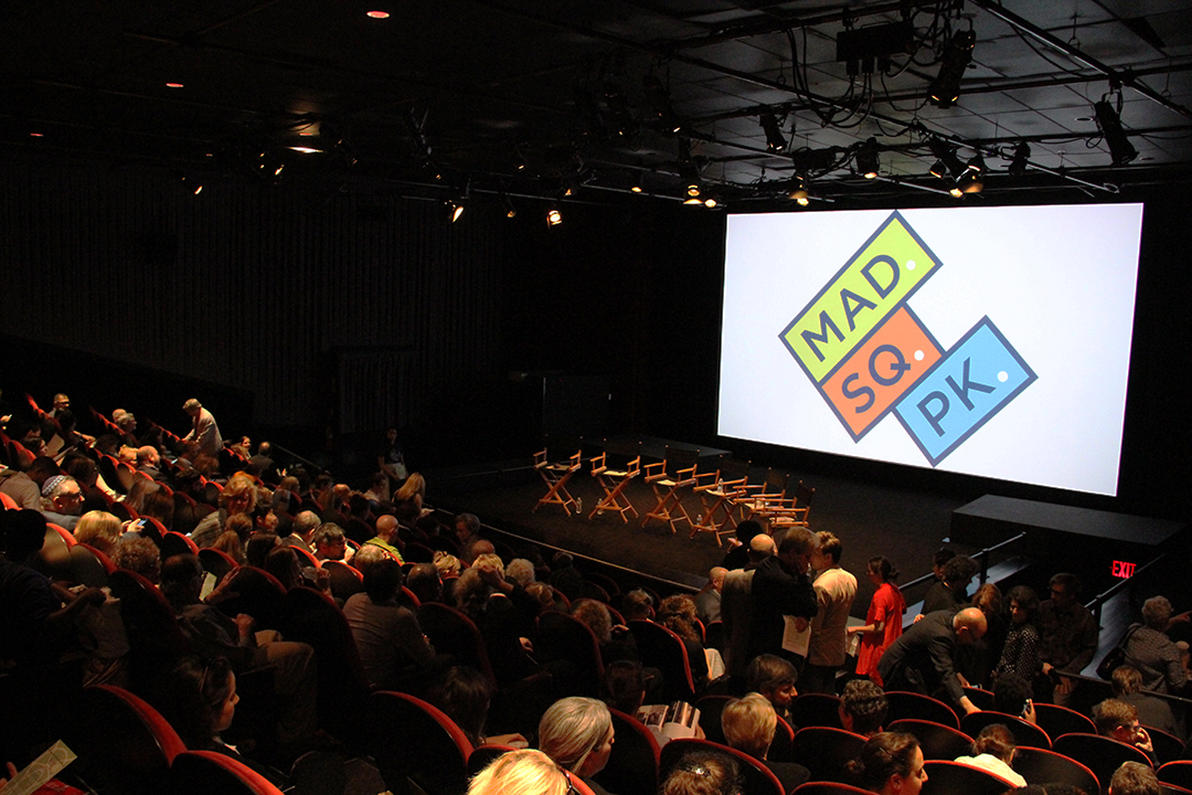 Interior of Beatrice Theatre with the Madison Square Park logo on screen