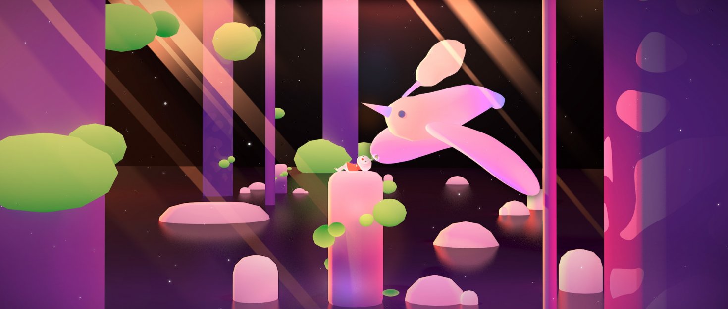 Pink and green image from an animated film. A bird flies amongst pillars and clouds
