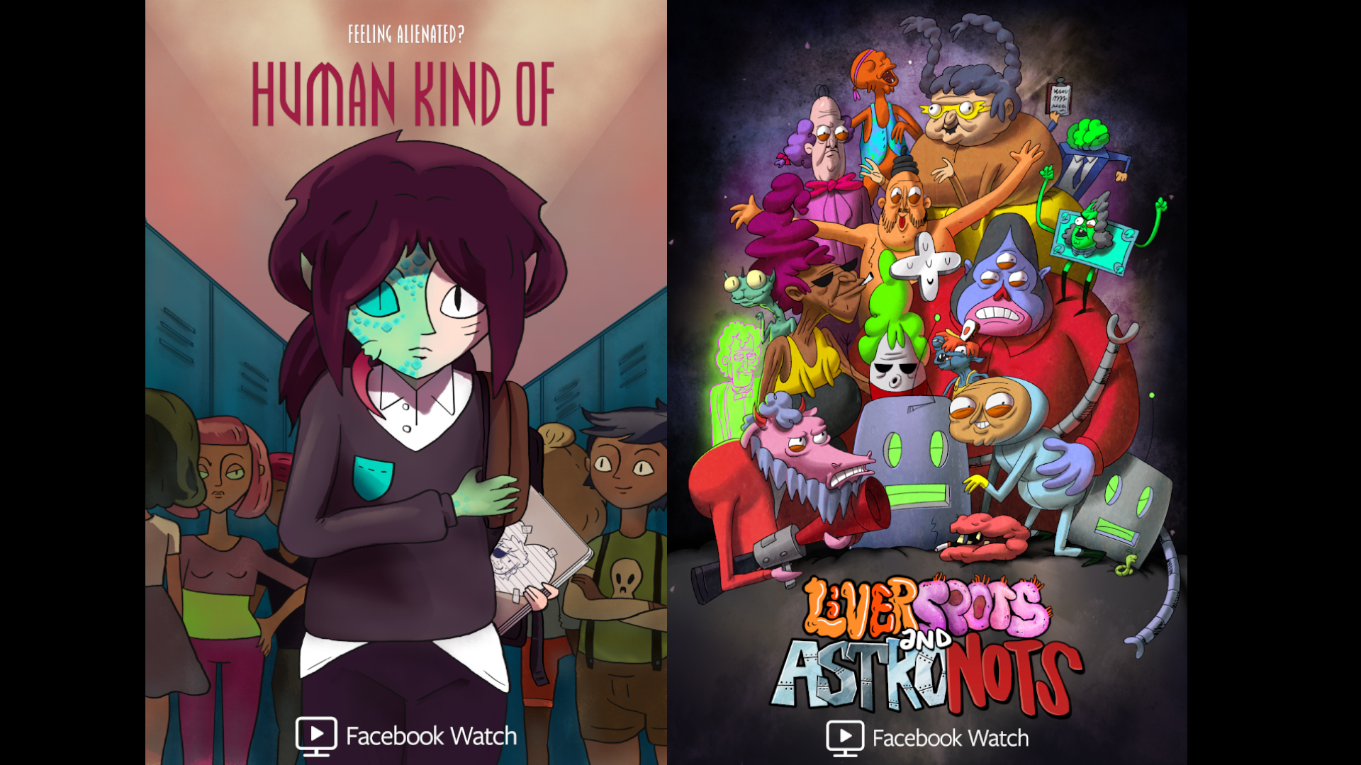 Posters for "Human Kind Of" and "Liverspots and Astronots"