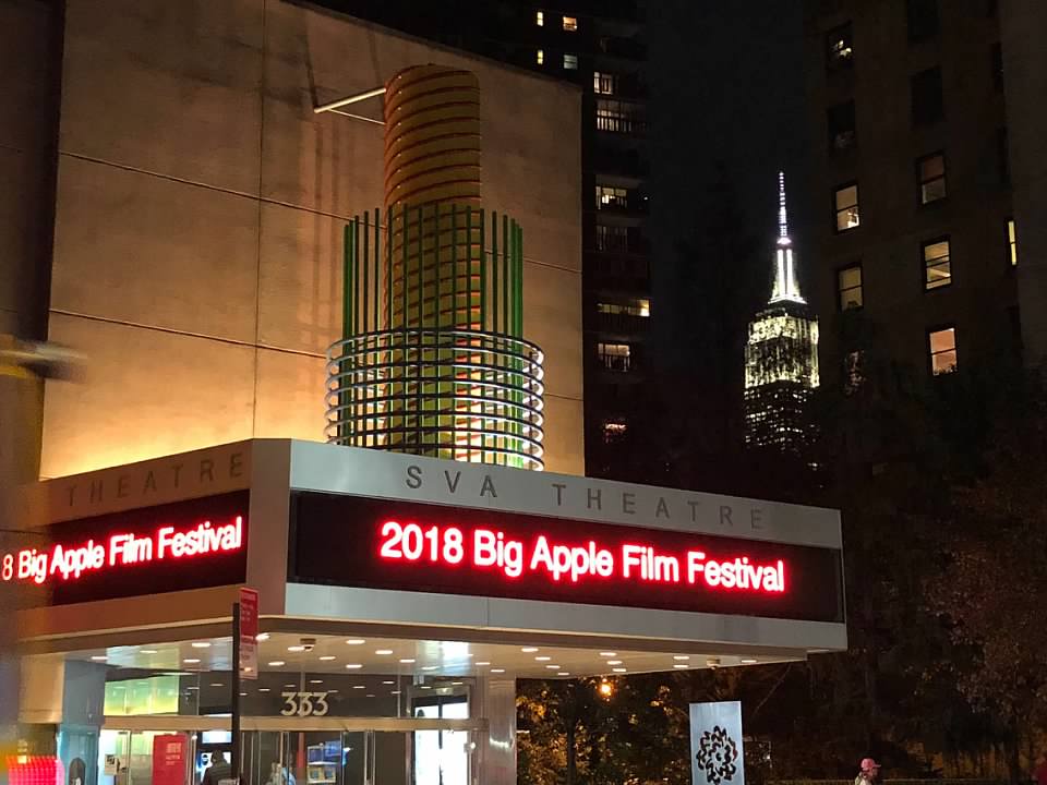 SVA Theatre marquee with "2018 Big Apple Film Festival" shown in red