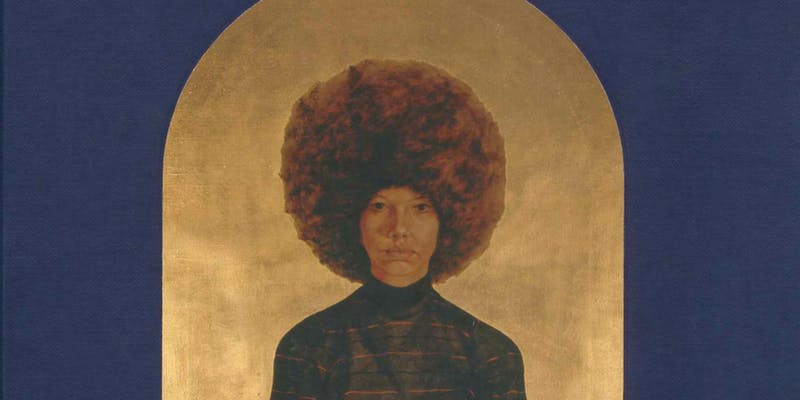 Painting of a young black woman with an Afro standing in against a gold arc backround, with the gold atop a navy background