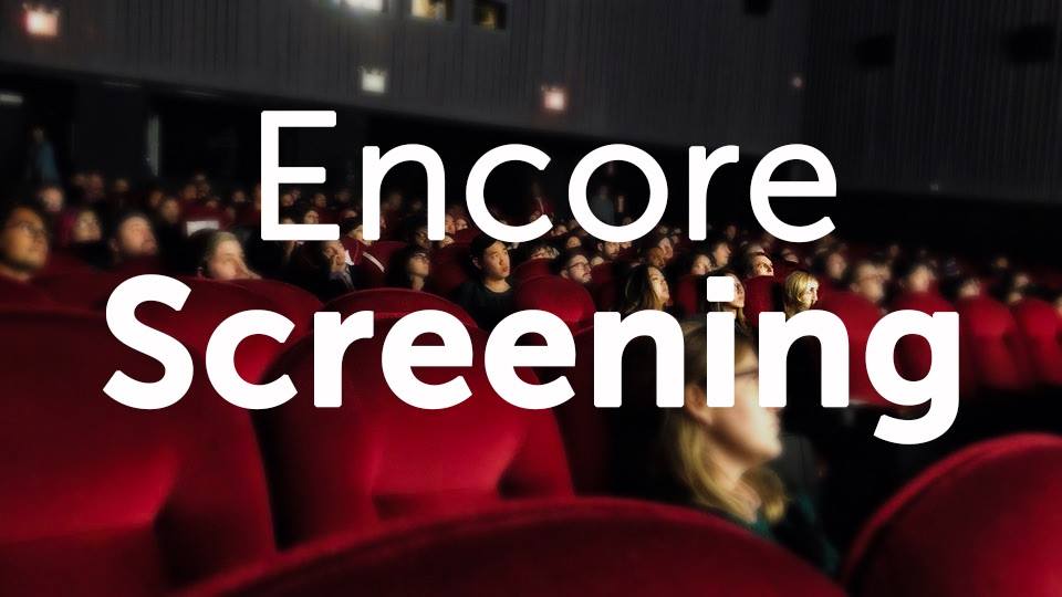 Image of people watching a movie in Silas Theatre, with text "Encore Screening" over the photo