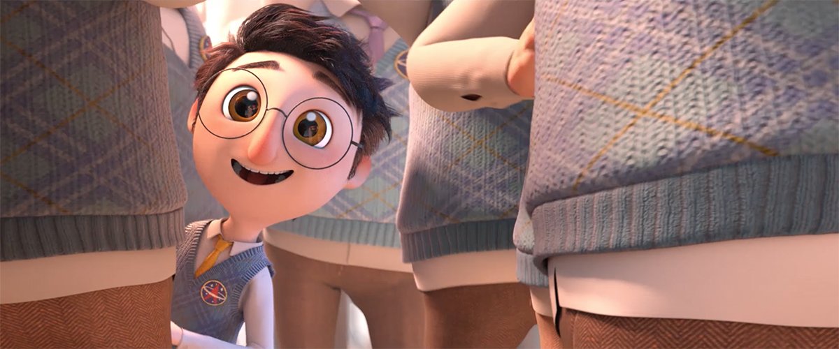 Animated still of a boy in glasses and a blue vest standing amongst taller people dressed in the same outfit.
