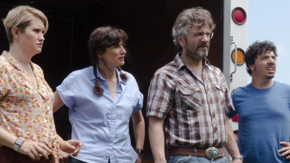 Still from the film "Sword of Trust", with Jillian Bell, Michaela Watkins, and Marc Maron