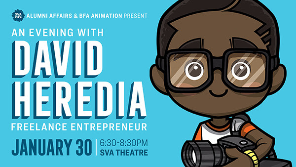 Poster for An Evening with David Heredia, featuring a cartoon image of a young Black photographer
