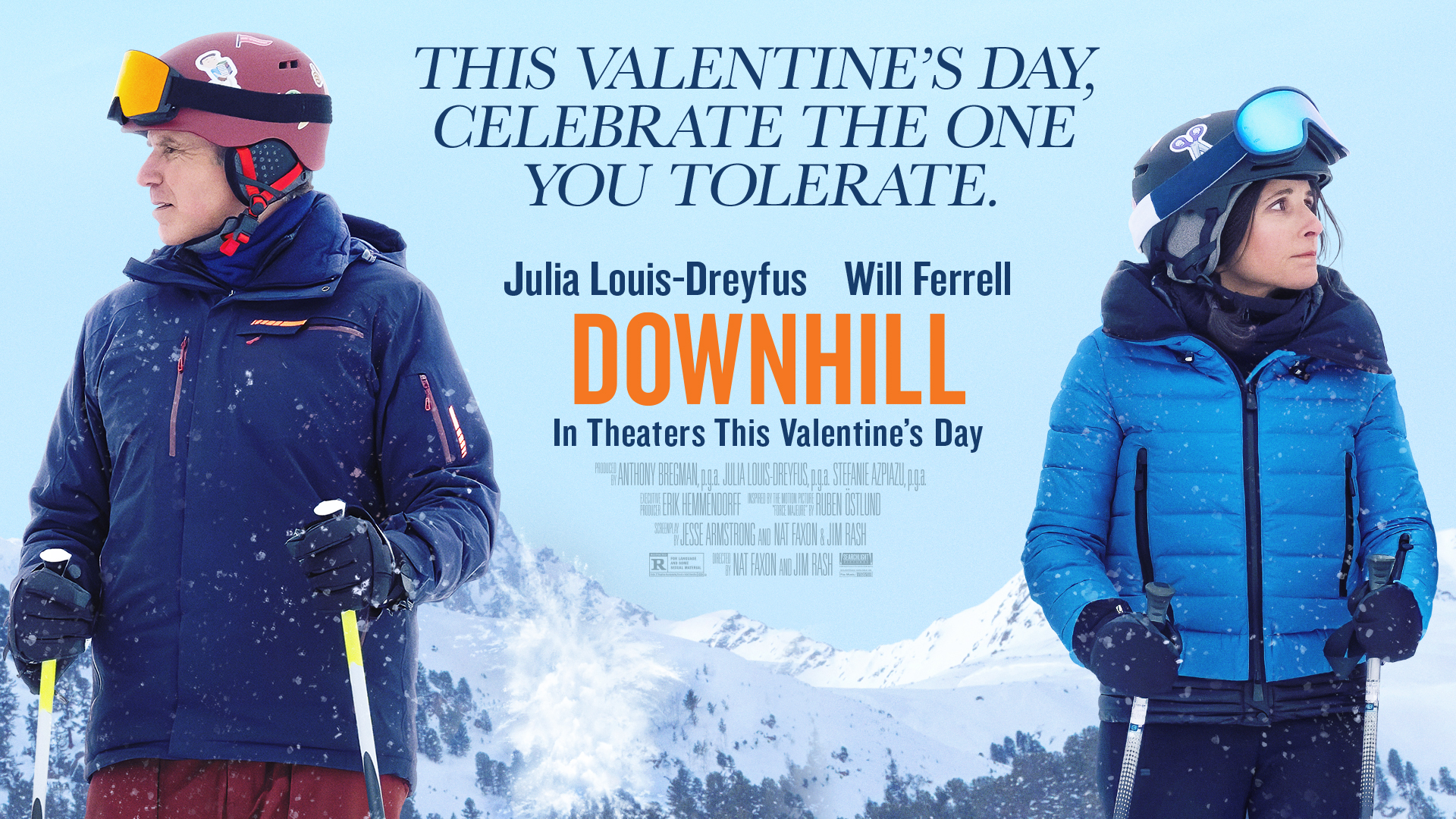 Film poster for "Downhill" with Julia Louis-Dreyfus and Will Ferrell