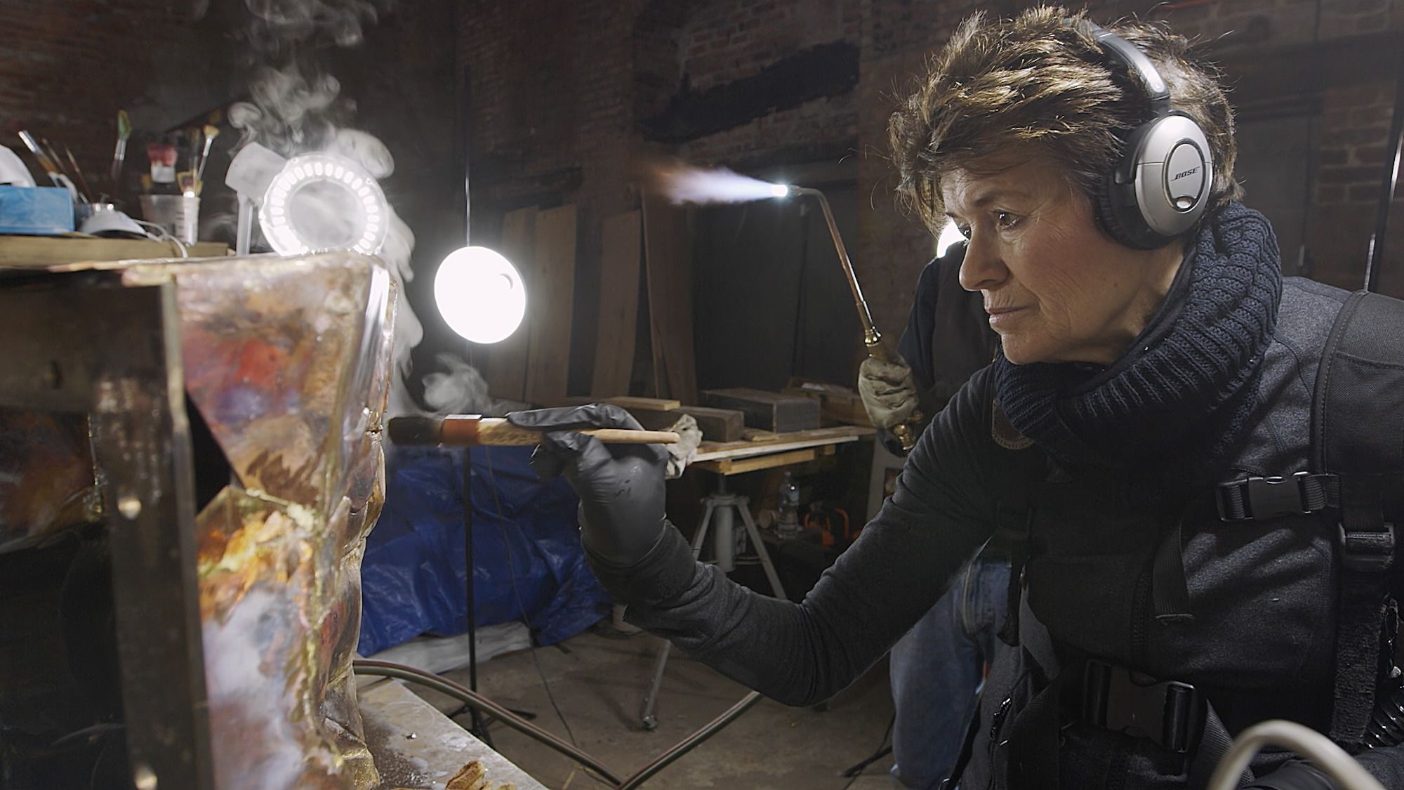 Sculptor Ursula von Rydingsvard working on a sculpture
