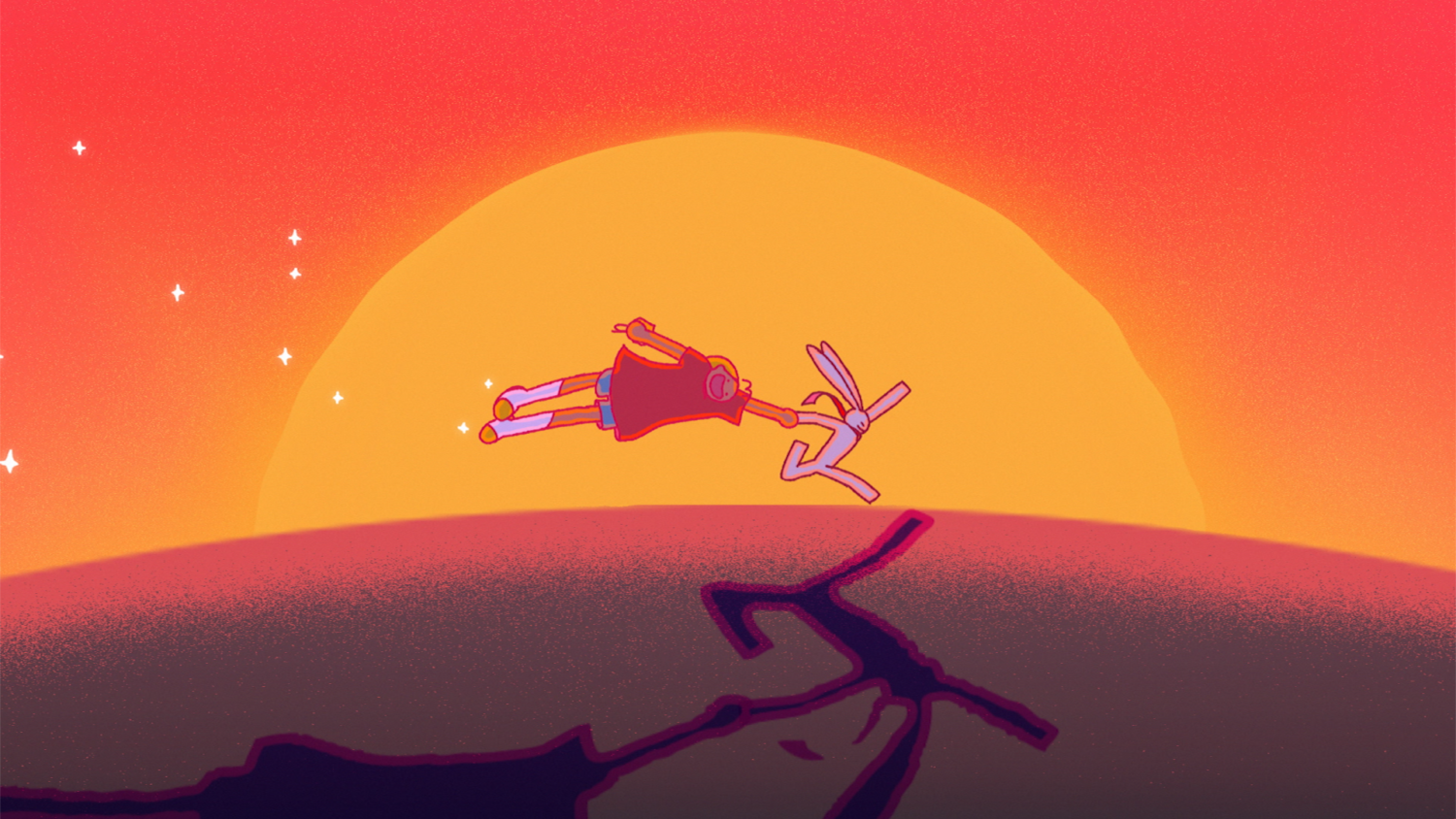 Rabbit pulls a person across a hill, in front of a sunset. Still from animated film.