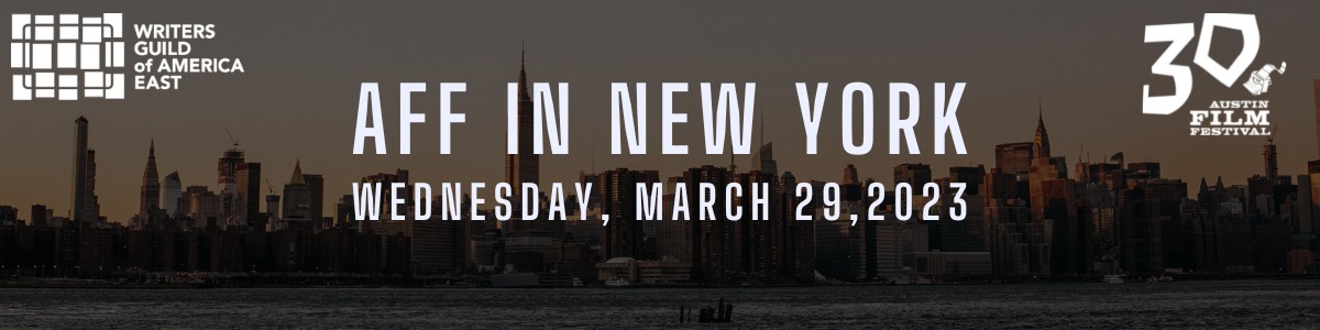 A wide shot of the NY City skyline with the words "AFF in New York"