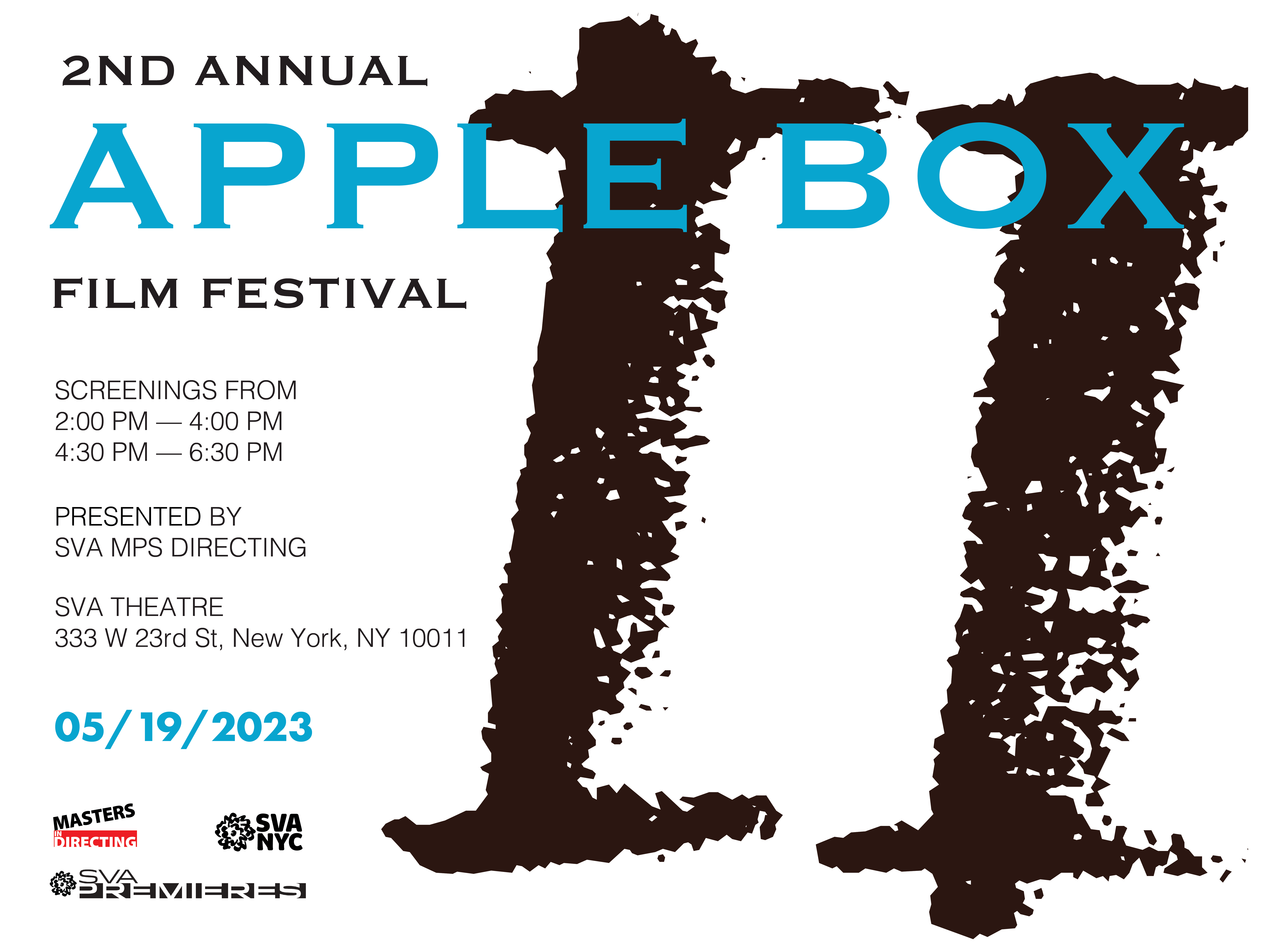 AppleBox White/Blue flyer with dates/times for the event