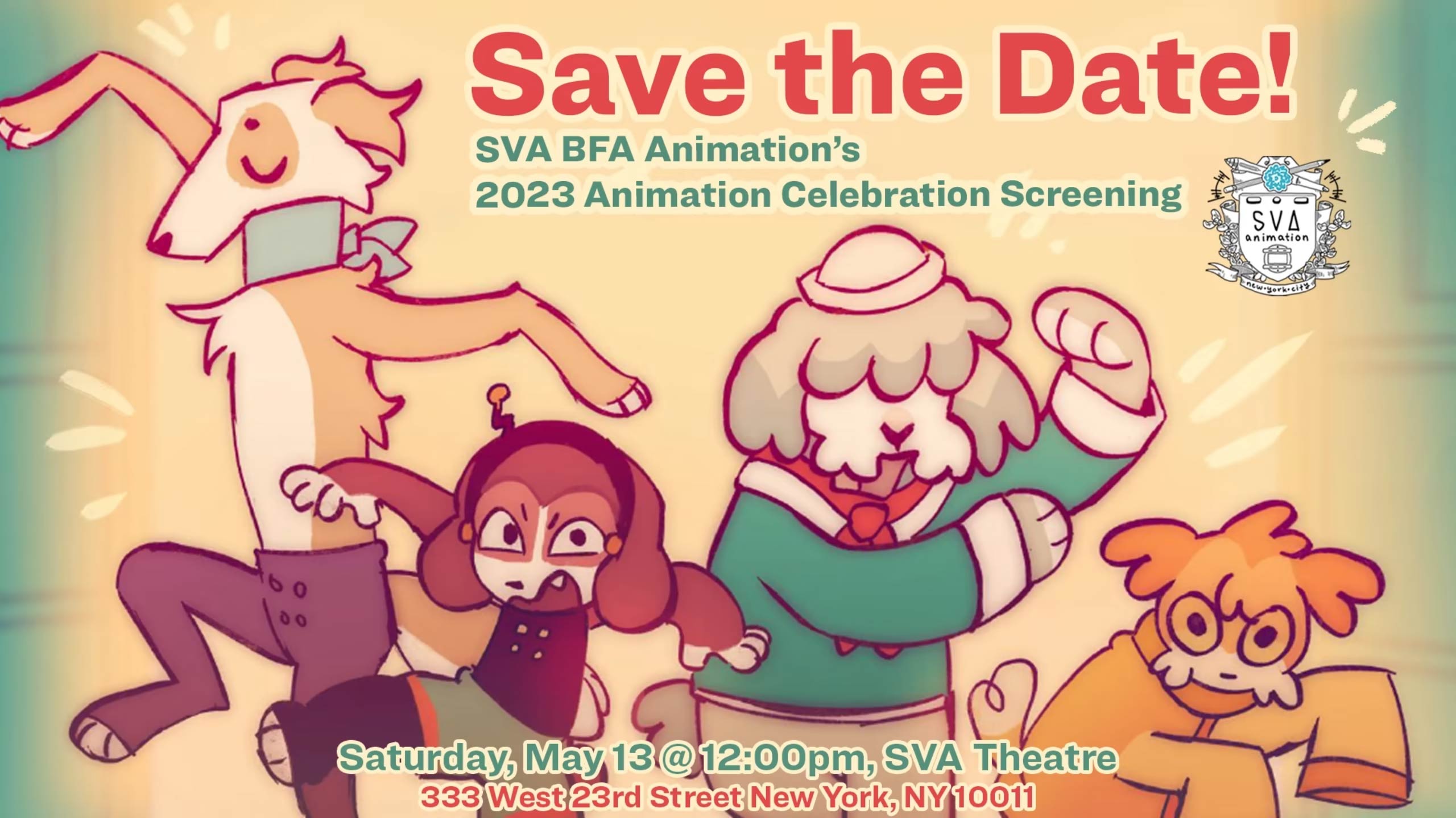 Artistic cartoon of a group of dogs wearing scarves and sweaters dancing around as an advertisement for the 2023 Animation These screenings
