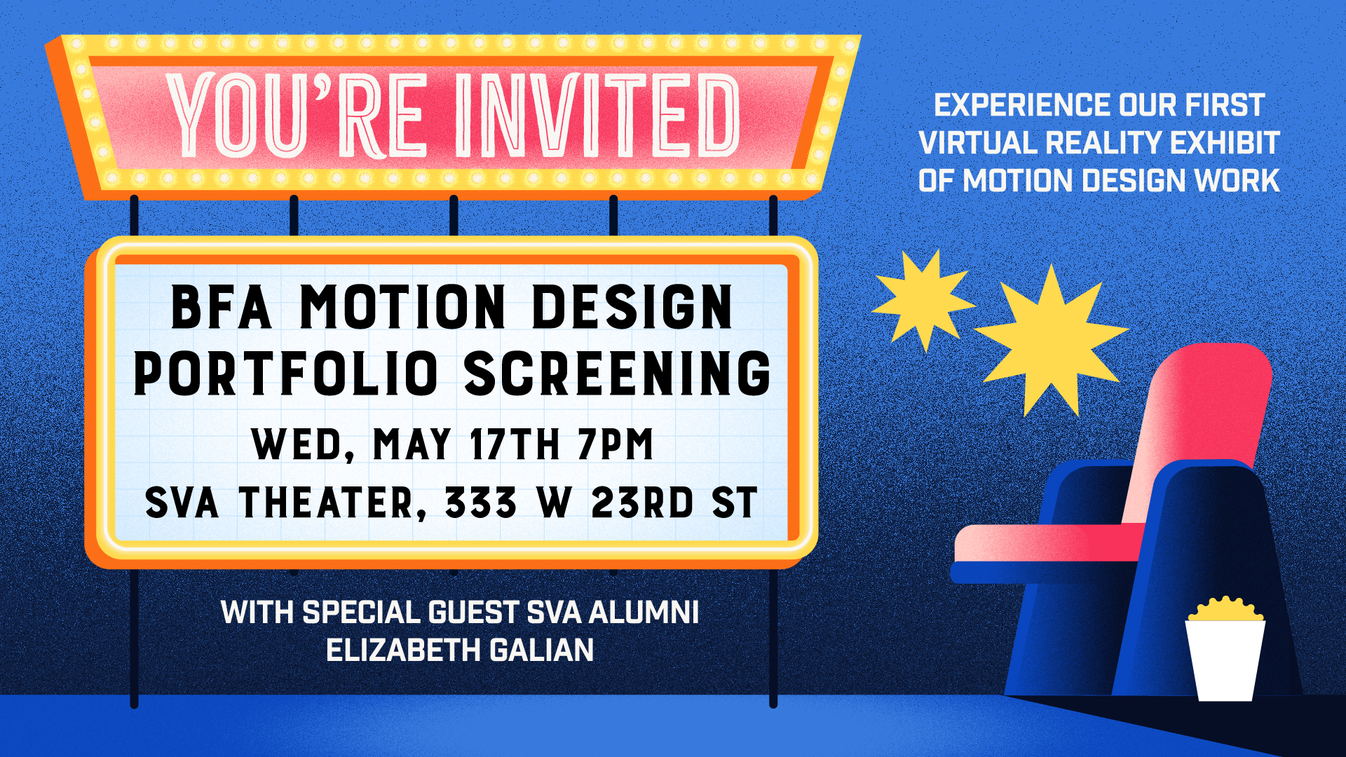 BFA Design flyer for portfolio screening, blue background in a movie theatre with bright lights and theatre chairs