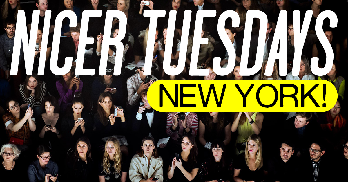 Nicer Tuesdays logo with audience of people sitting behind text