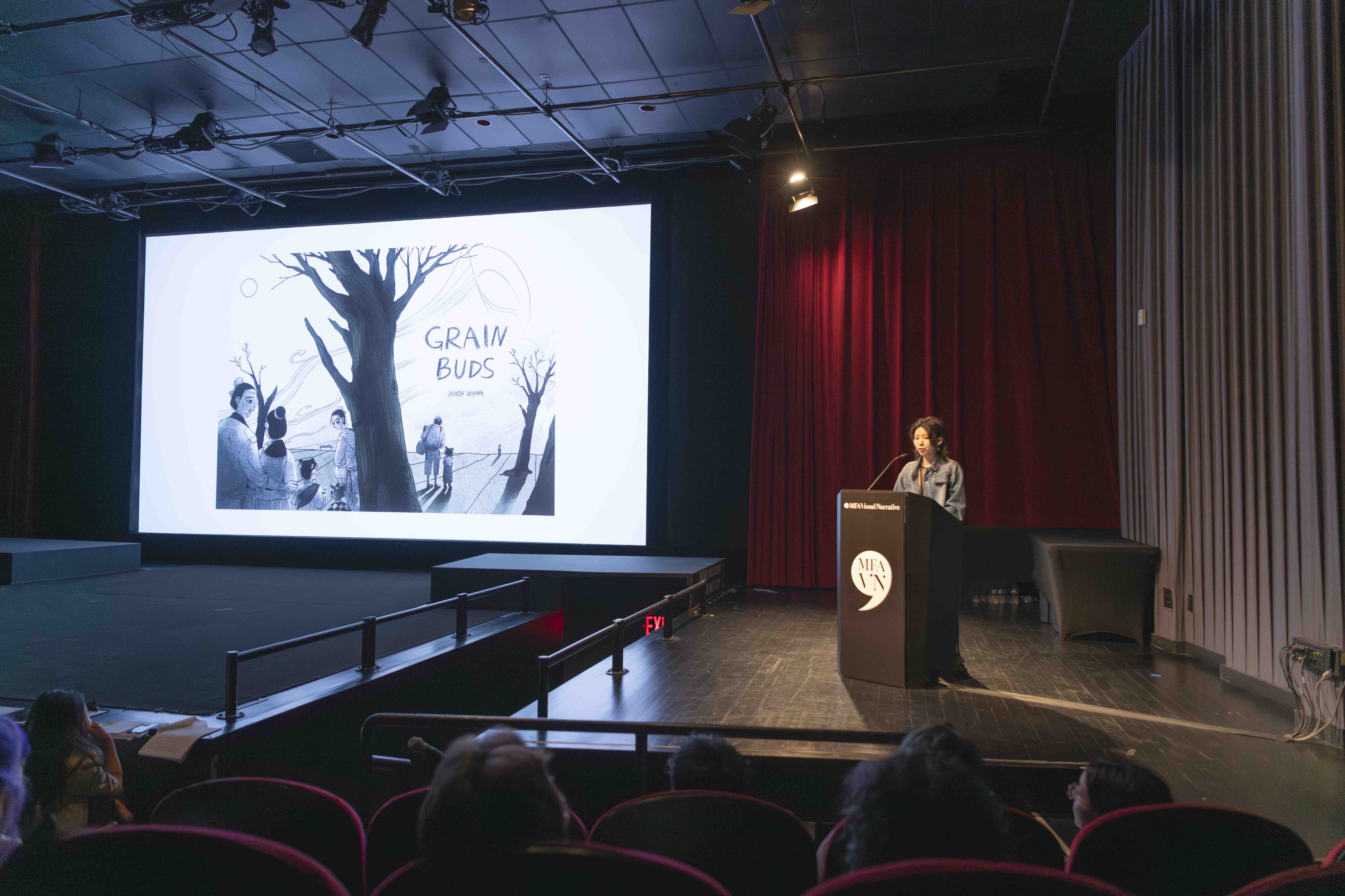 Yawen Zhang's (MFA 2025 Visual Narrative) artist presentation from the 2025 MFAVN Thesis Celebration. Photo by: Borderless Colors